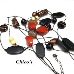 Chico's Distressed Art Bead Long Necklace, 27 Inches, Distressed Leather Cord